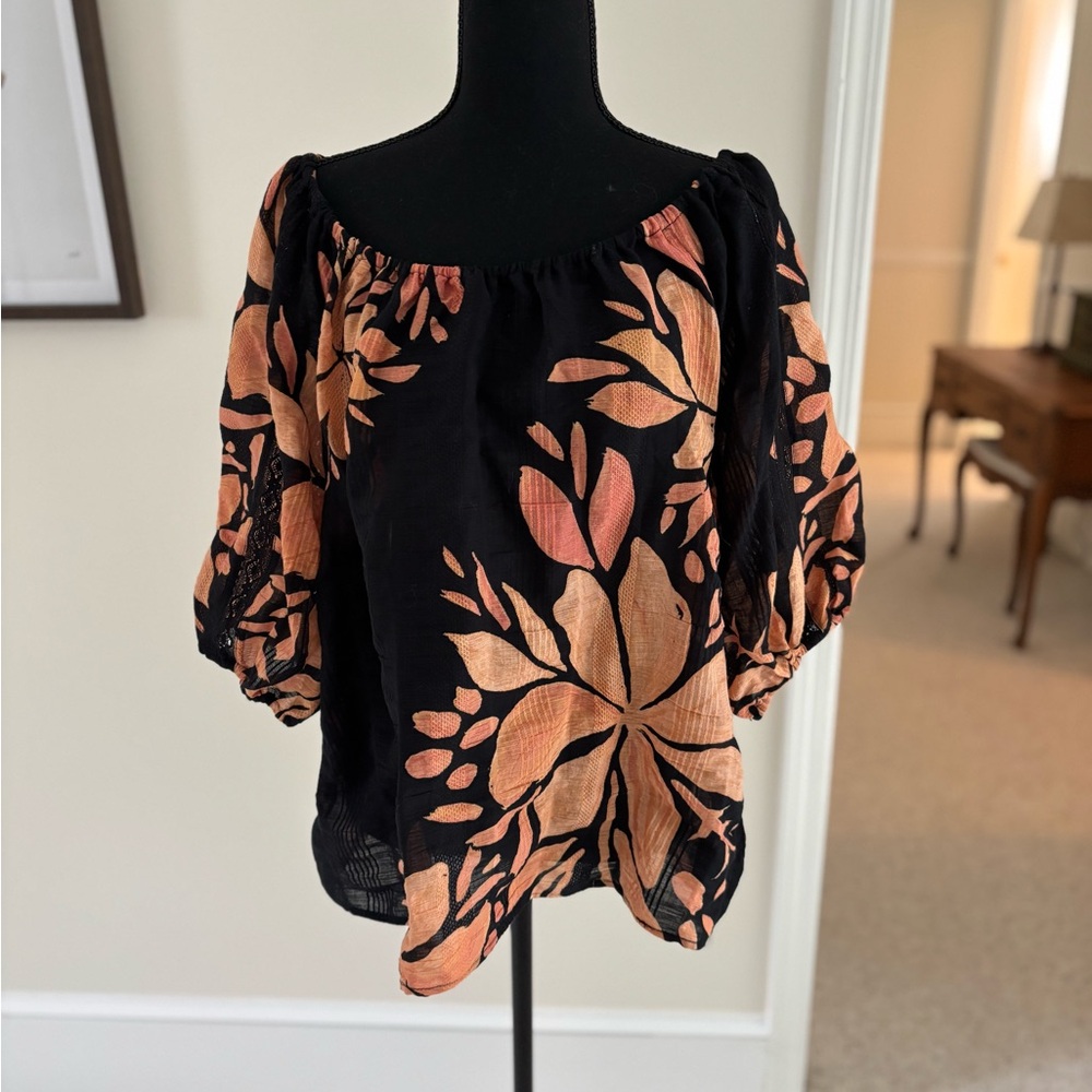 Anthropologie Black and Orange Floral Blouse
